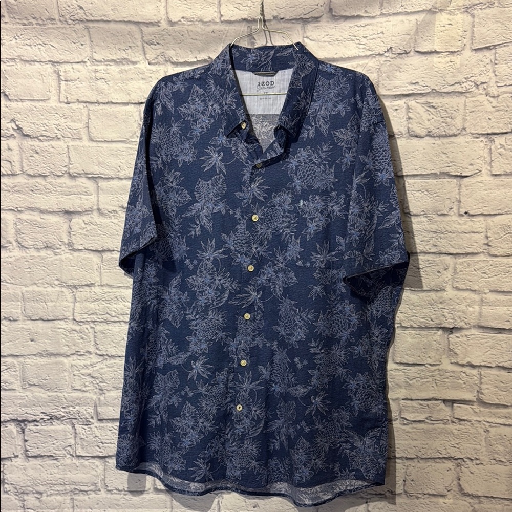 Izod Blue Casual Button Down Shirt with Tropical Design Size XXL